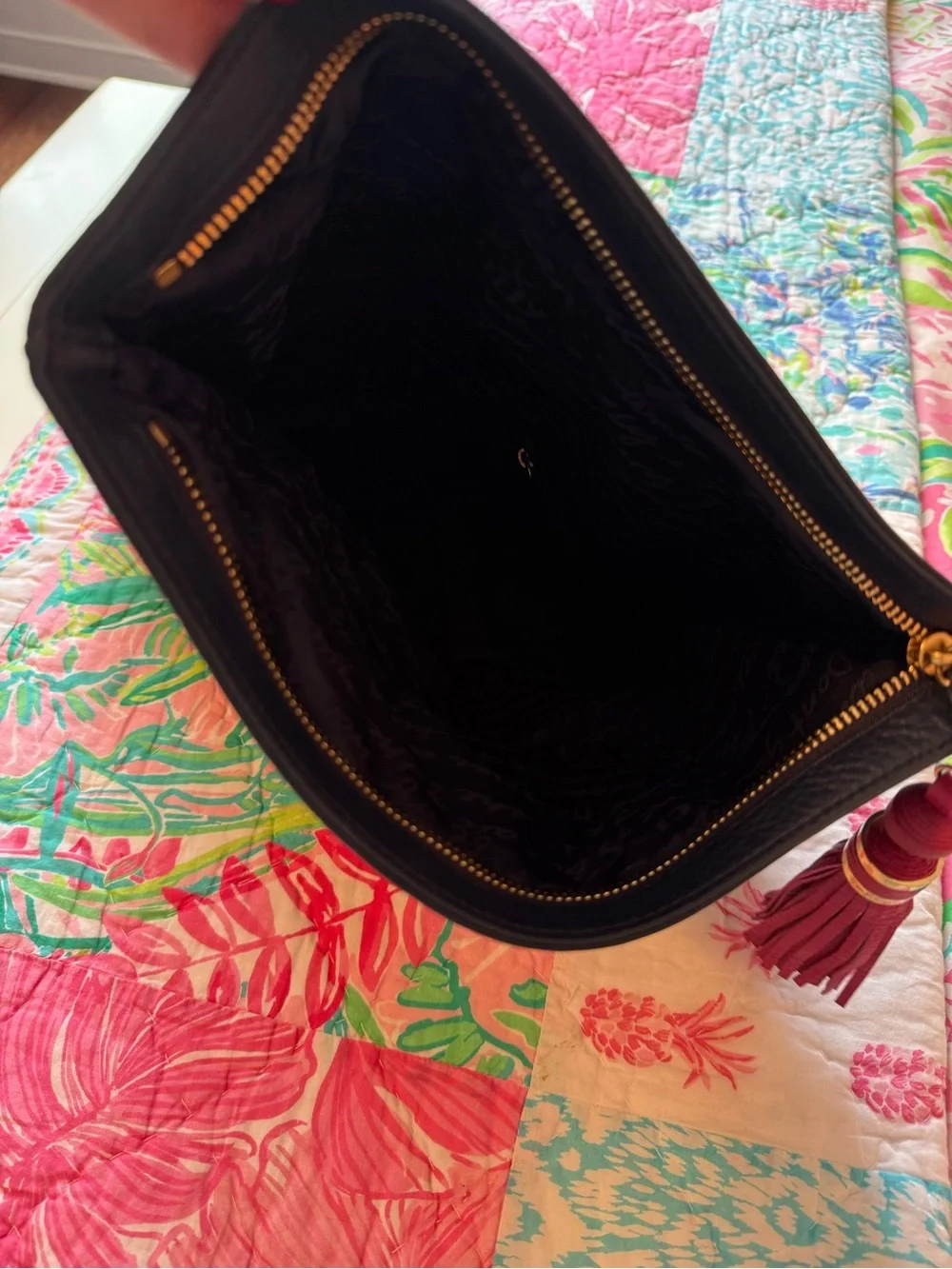 NWT Lilly Pulitzer Navy Leather Shoulder Bag with Pink Tassel